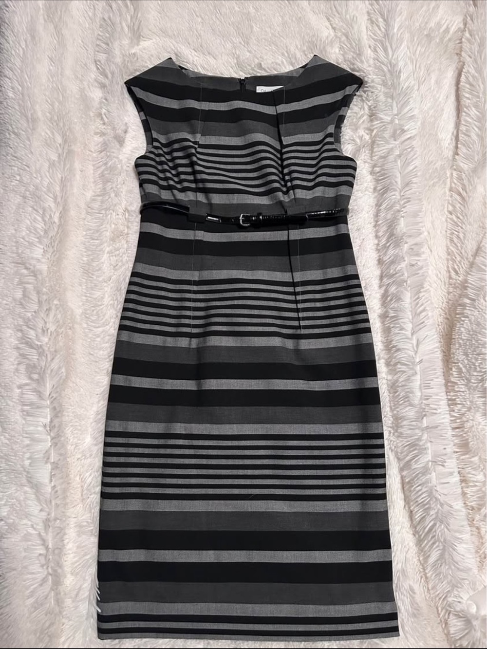 Calvin Klein Black & Gray Striped Cap-Sleeve Sheath Dress with Slim Belt